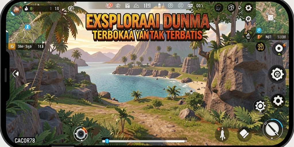 Screenshot gameplay CACOR78 yang menunjukkan dunia terbuka yang luas dan detail.