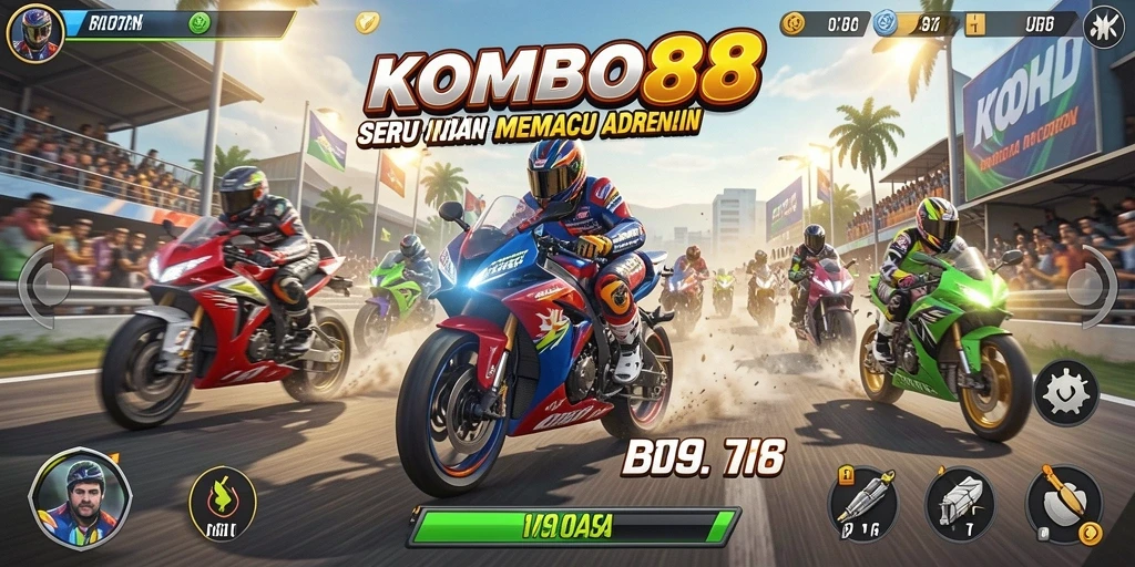 Tampilan seru gameplay balapan motor pada KOMBO88.