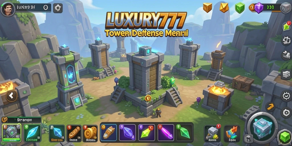 Tampilan permainan <strong>LUXURY777</strong> yang menampilkan pertarungan menara pertahanan.