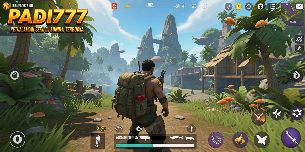 Screenshot PADI777 menampilkan karakter utama menjelajahi hutan lebat.