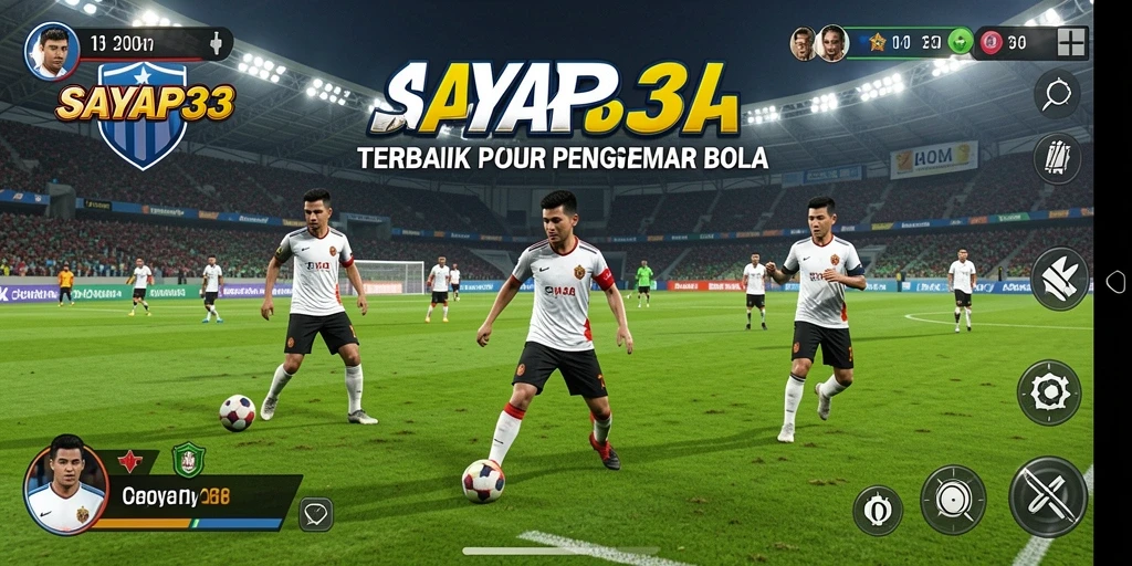 Screenshot utama SAYAP33 menampilkan aksi seru pemain di lapangan sepak bola.