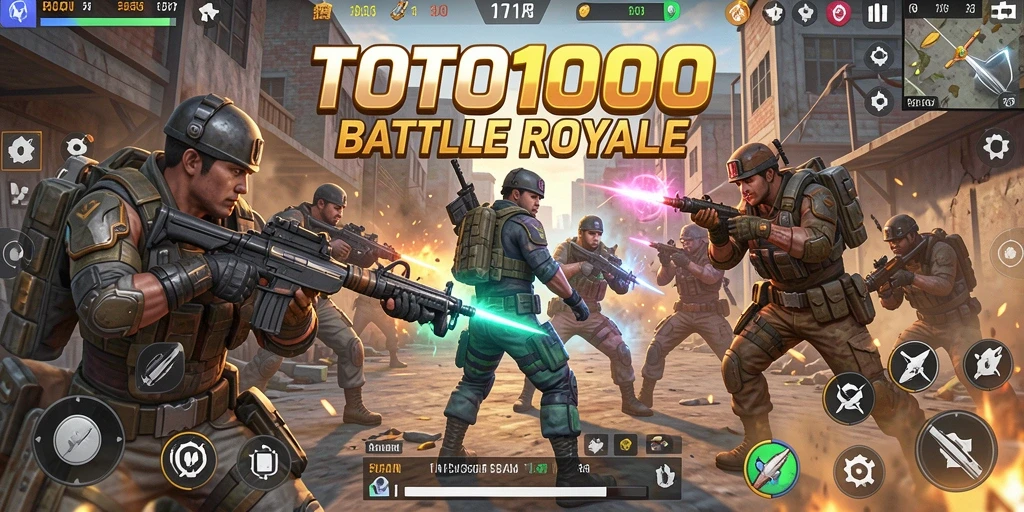 Screenshot gameplay TOTO1000 menampilkan aksi pertempuran Battle Royale yang mendebarkan.
