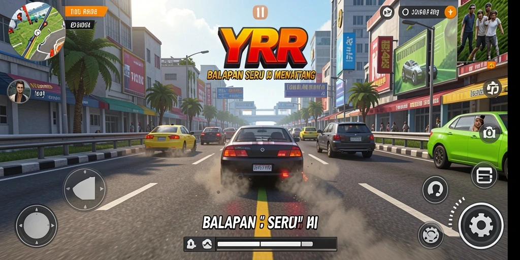 Tampilan seru dari gameplay balapan di YYRR dengan mobil-mobil mewah.